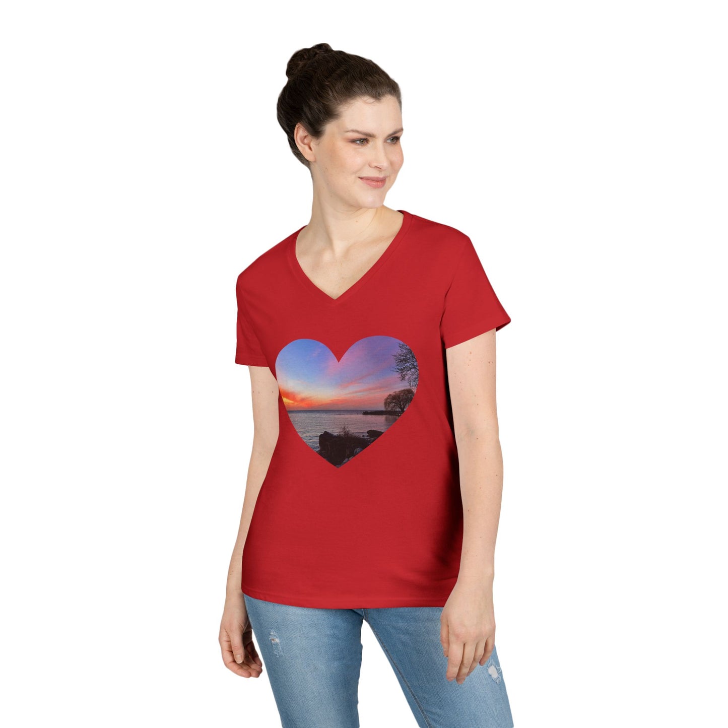 Ladies' Cotton V-Neck T-Shirt • "Sunset Orange" Photo in Heart • 10 color fabric choices