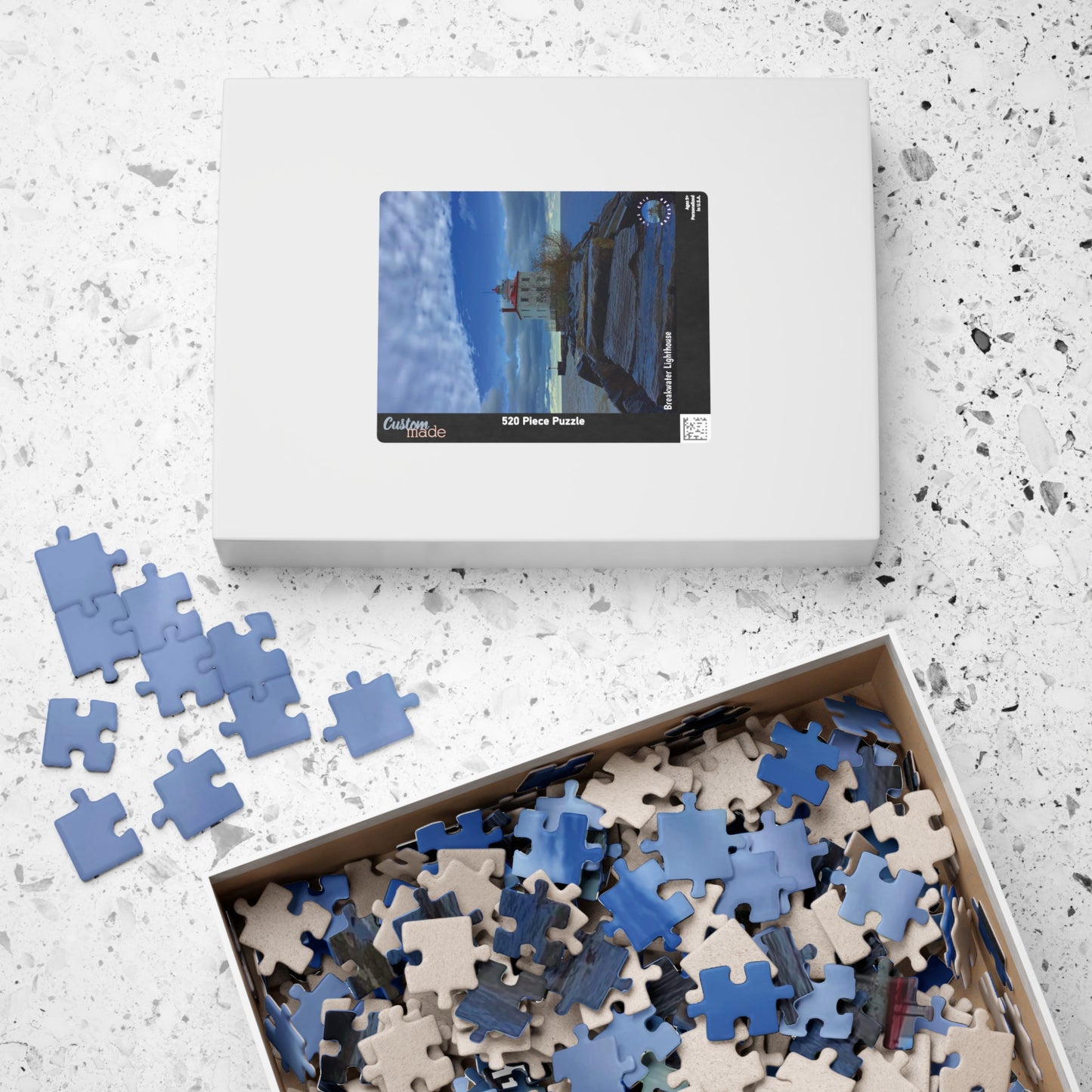 Dazzling Jigsaw Puzzles • "Breakwater Lighthouse" • 110, 252, 520, & 1014-Piece Puzzles for lighthouse lovers