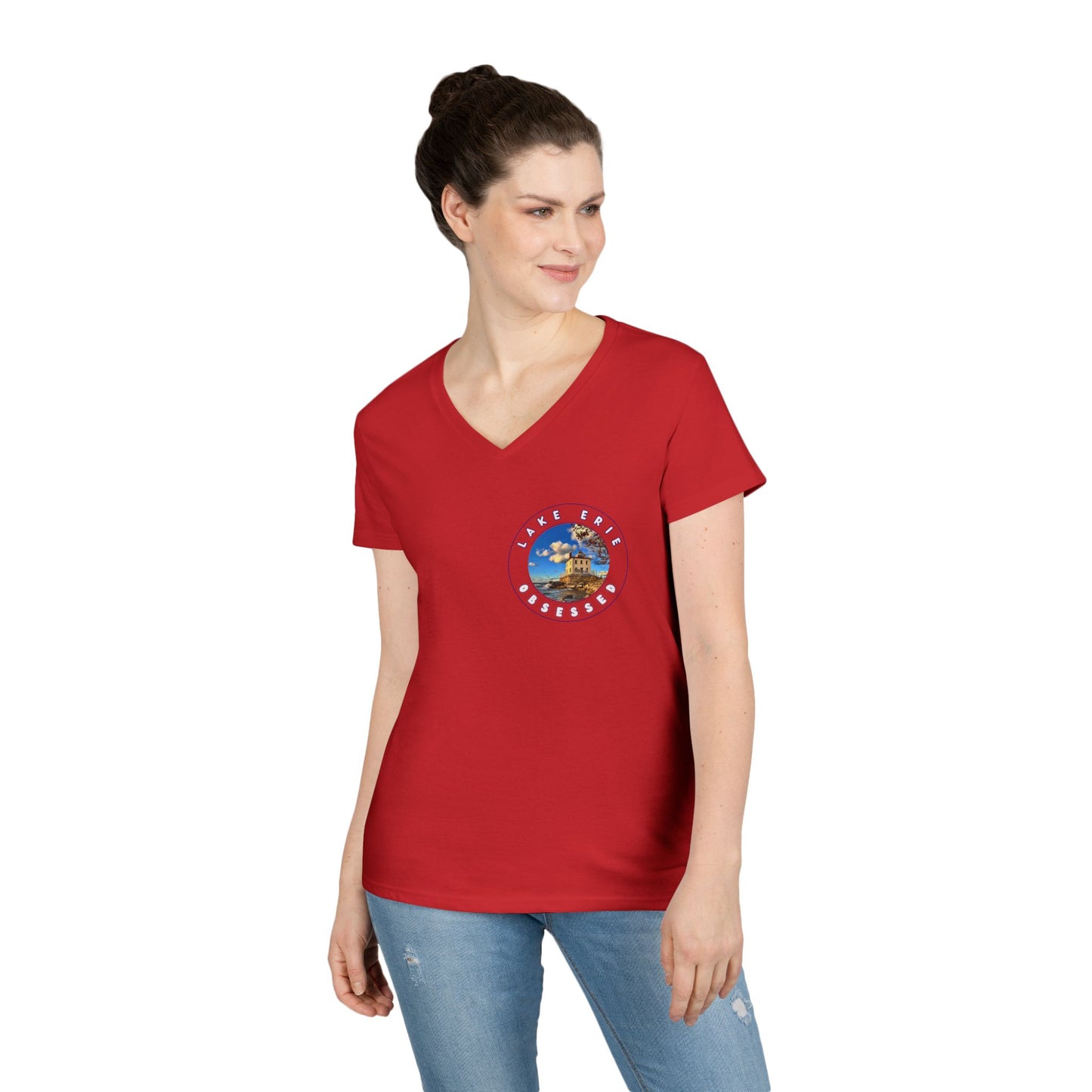 Ladies' Cotton V-Neck T-Shirt • "Fairport Harbor West Breakwater Light" Photo in Logo • 10 color fabric choices