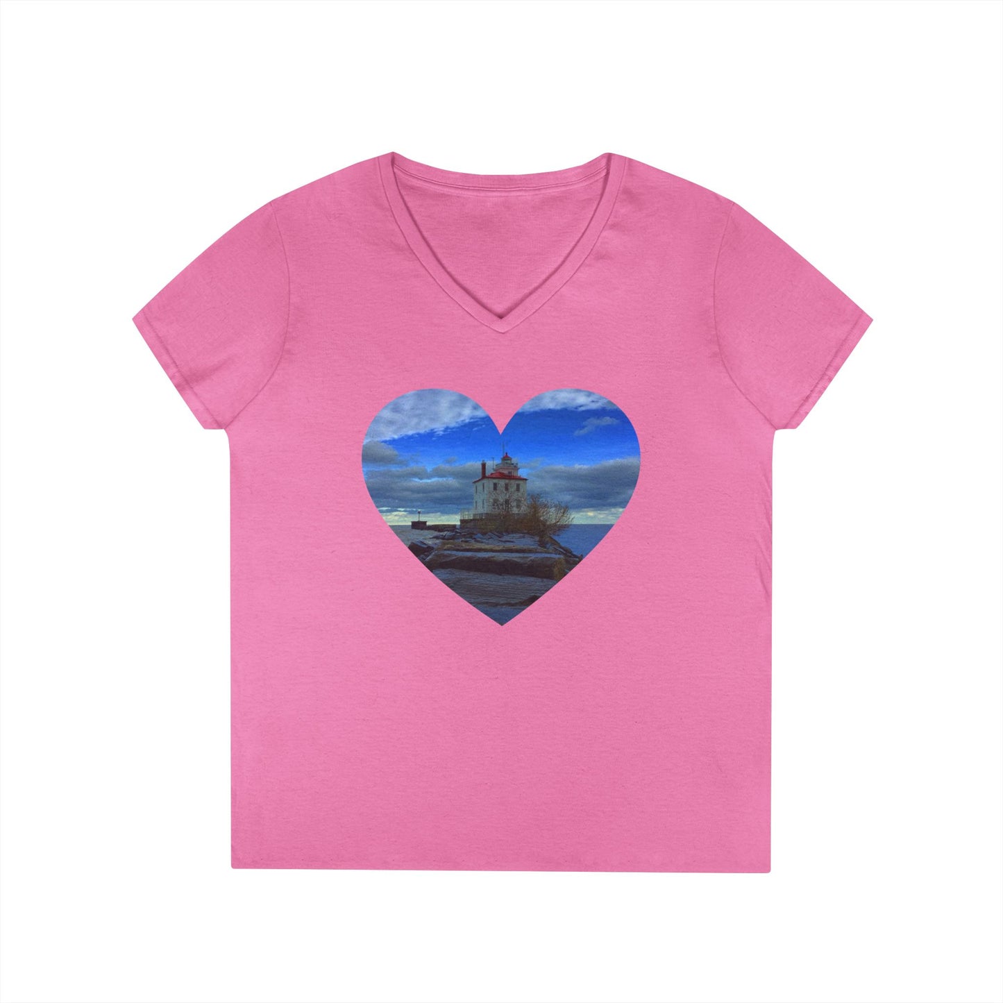 Ladies' Cotton V-Neck T-Shirt • "Breakwater Lighthouse" Photo in Heart • 10 color fabric choices
