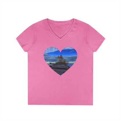Ladies' Cotton V-Neck T-Shirt • "Breakwater Lighthouse" Photo in Heart • 10 color fabric choices