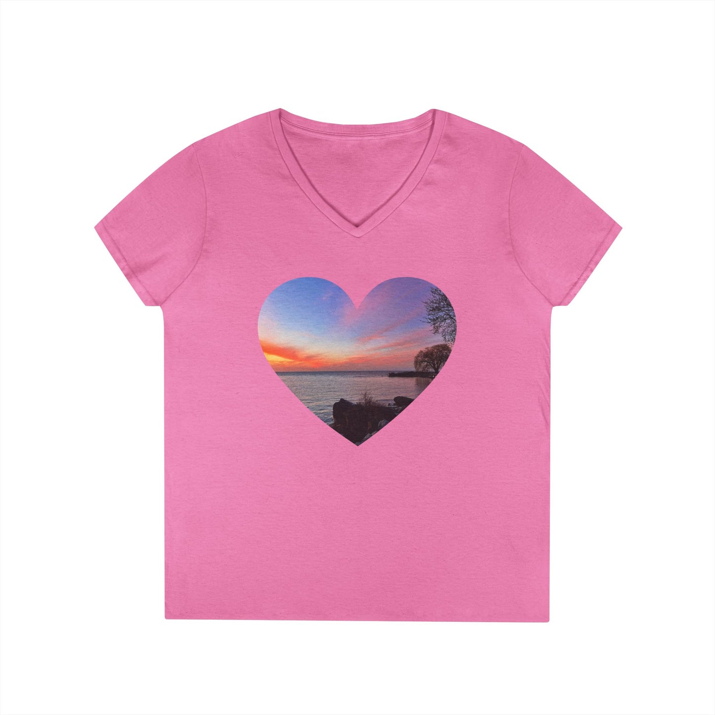 Ladies' Cotton V-Neck T-Shirt • "Sunset Orange" Photo in Heart • 10 color fabric choices