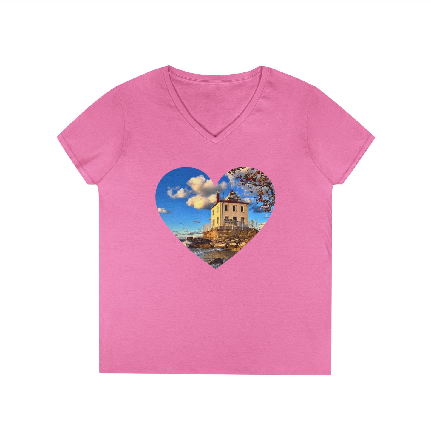 Ladies' Cotton V-Neck T-Shirt • "Fairport Harbor West Breakwater Light" Photo in Heart • 10 color fabric choices
