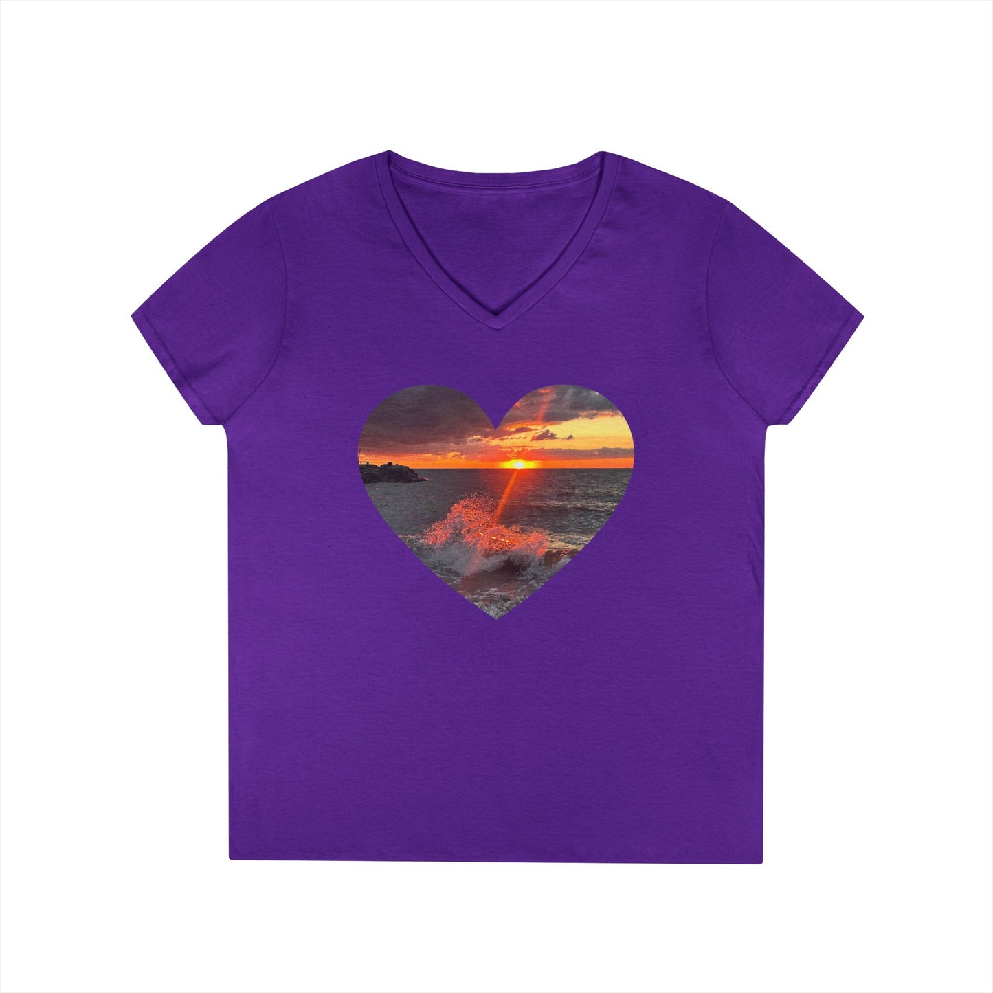 Ladies' Cotton V-Neck T-Shirt • "Fiery Splash at Avon Lake" Photo in Heart • 10 color fabric choices