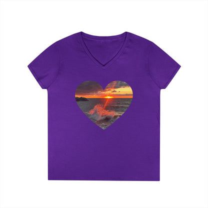 Ladies' Cotton V-Neck T-Shirt • "Fiery Splash at Avon Lake" Photo in Heart • 10 color fabric choices