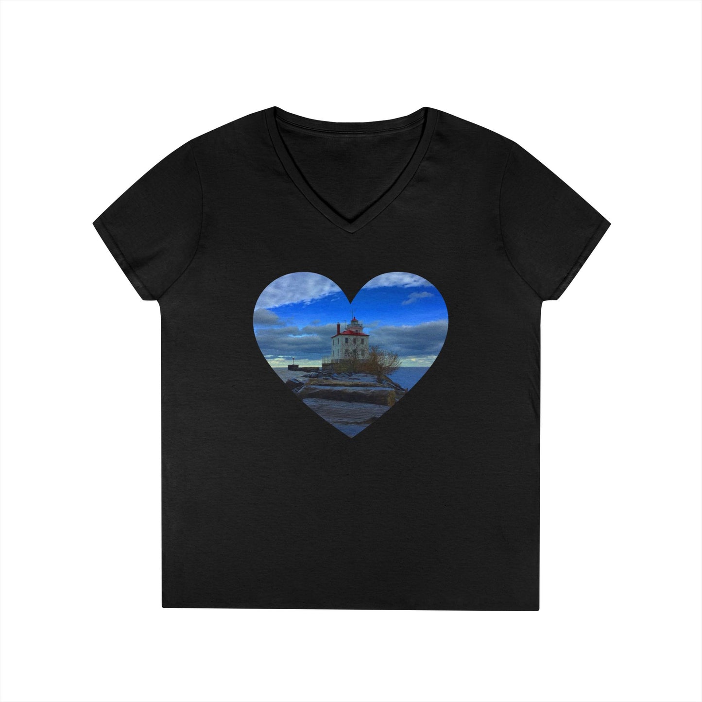 Ladies' Cotton V-Neck T-Shirt • "Breakwater Lighthouse" Photo in Heart • 10 color fabric choices
