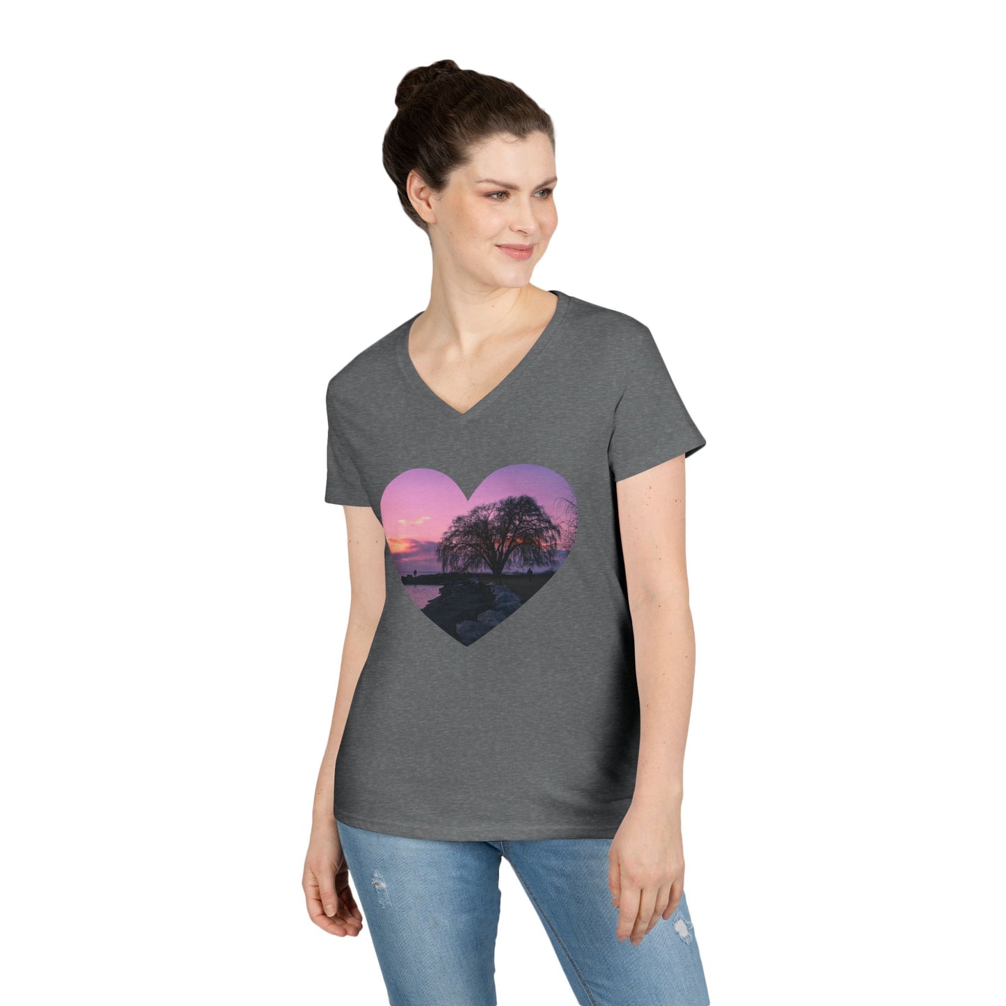 Ladies' Cotton V-Neck T-Shirt • "Willow at Edgewater" Photo in Heart • 10 color fabric choices