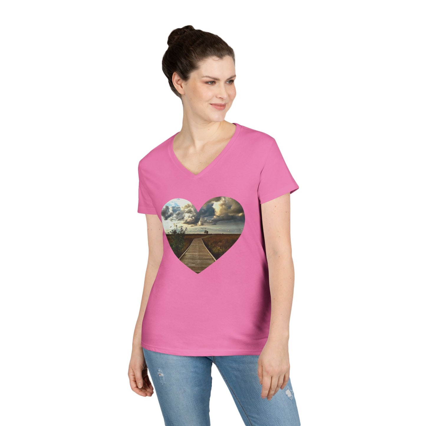 Ladies' Cotton V-Neck T-Shirt • "Boardwalk to Erie" Photo in Heart • 10 color fabric choices
