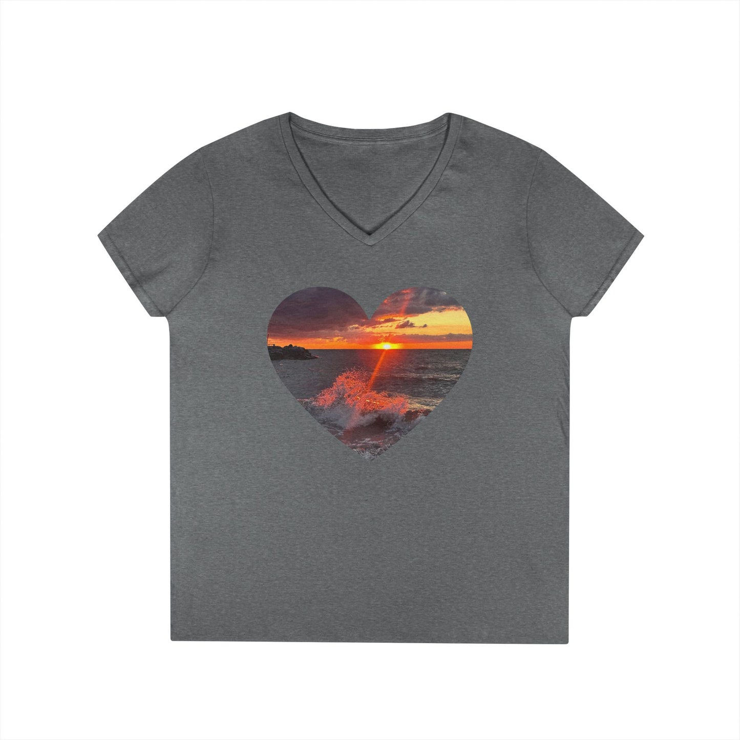 Ladies' Cotton V-Neck T-Shirt • "Fiery Splash at Avon Lake" Photo in Heart • 10 color fabric choices