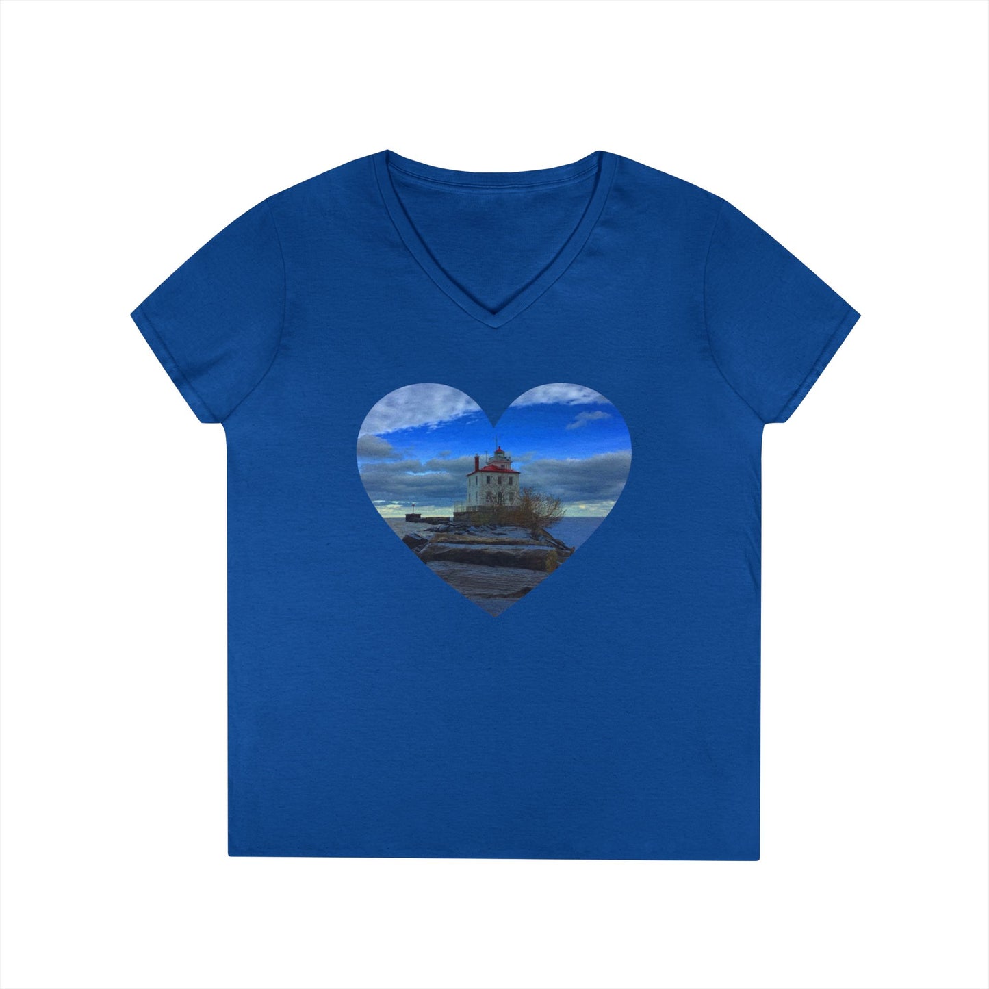 Ladies' Cotton V-Neck T-Shirt • "Breakwater Lighthouse" Photo in Heart • 10 color fabric choices