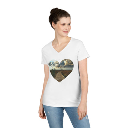 Ladies' Cotton V-Neck T-Shirt • "Boardwalk to Erie" Photo in Heart • 10 color fabric choices
