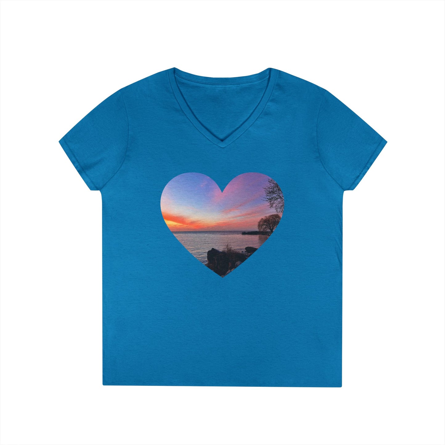Ladies' Cotton V-Neck T-Shirt • "Sunset Orange" Photo in Heart • 10 color fabric choices