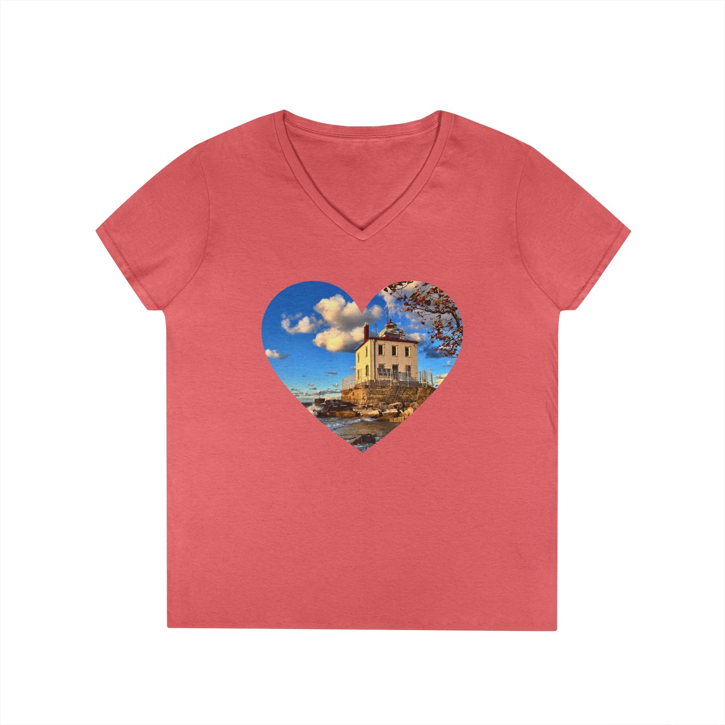 Ladies' Cotton V-Neck T-Shirt • "Fairport Harbor West Breakwater Light" Photo in Heart • 10 color fabric choices