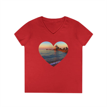 Ladies' Cotton V-Neck T-Shirt • "Lighthouse Glow" Photo in Heart • 10 color fabric choices