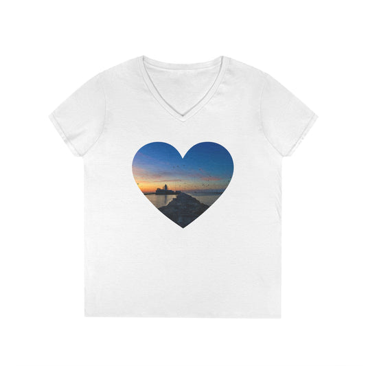 Ladies' Cotton V-Neck T-Shirt • "Breakwater Birds" Photo in Heart • 10 color fabric choices