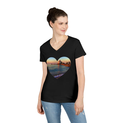 Ladies' Cotton V-Neck T-Shirt • "Lighthouse Glow" Photo in Heart • 10 color fabric choices
