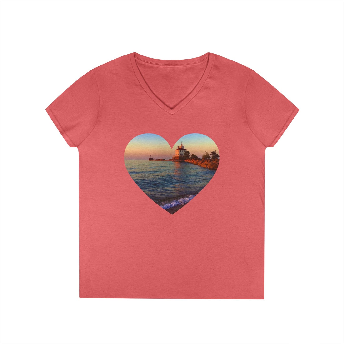Ladies' Cotton V-Neck T-Shirt • "Lighthouse Glow" Photo in Heart • 10 color fabric choices