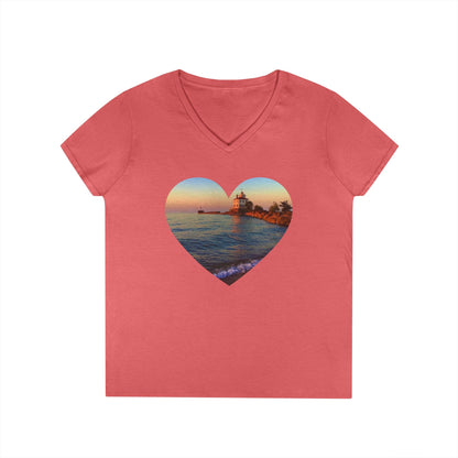 Ladies' Cotton V-Neck T-Shirt • "Lighthouse Glow" Photo in Heart • 10 color fabric choices