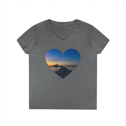 Ladies' Cotton V-Neck T-Shirt • "Breakwater Birds" Photo in Heart • 10 color fabric choices