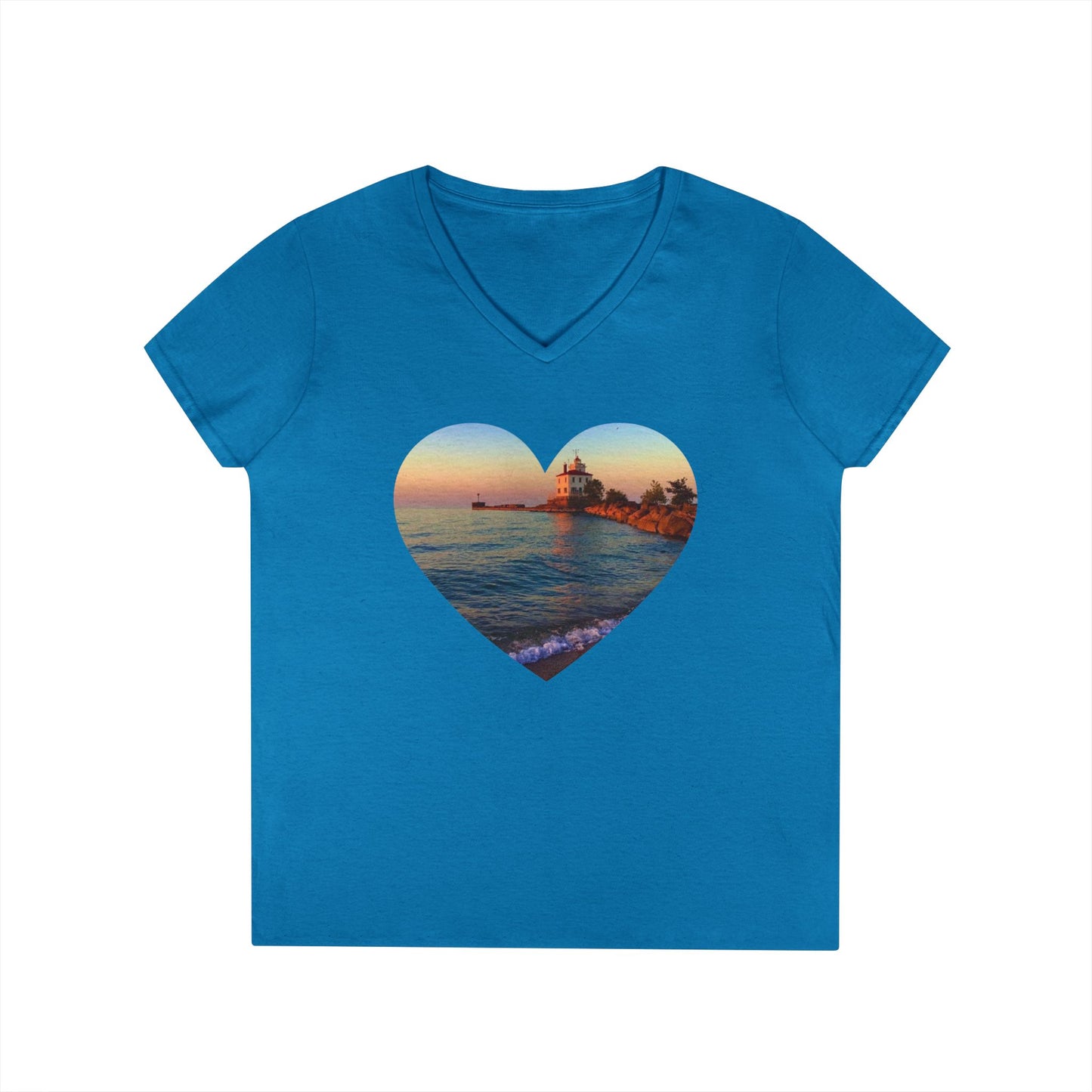 Ladies' Cotton V-Neck T-Shirt • "Lighthouse Glow" Photo in Heart • 10 color fabric choices