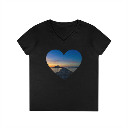 Ladies' Cotton V-Neck T-Shirt • "Breakwater Birds" Photo in Heart • 10 color fabric choices