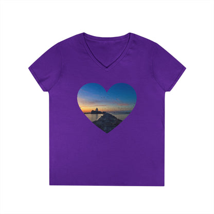 Ladies' Cotton V-Neck T-Shirt • "Breakwater Birds" Photo in Heart • 10 color fabric choices