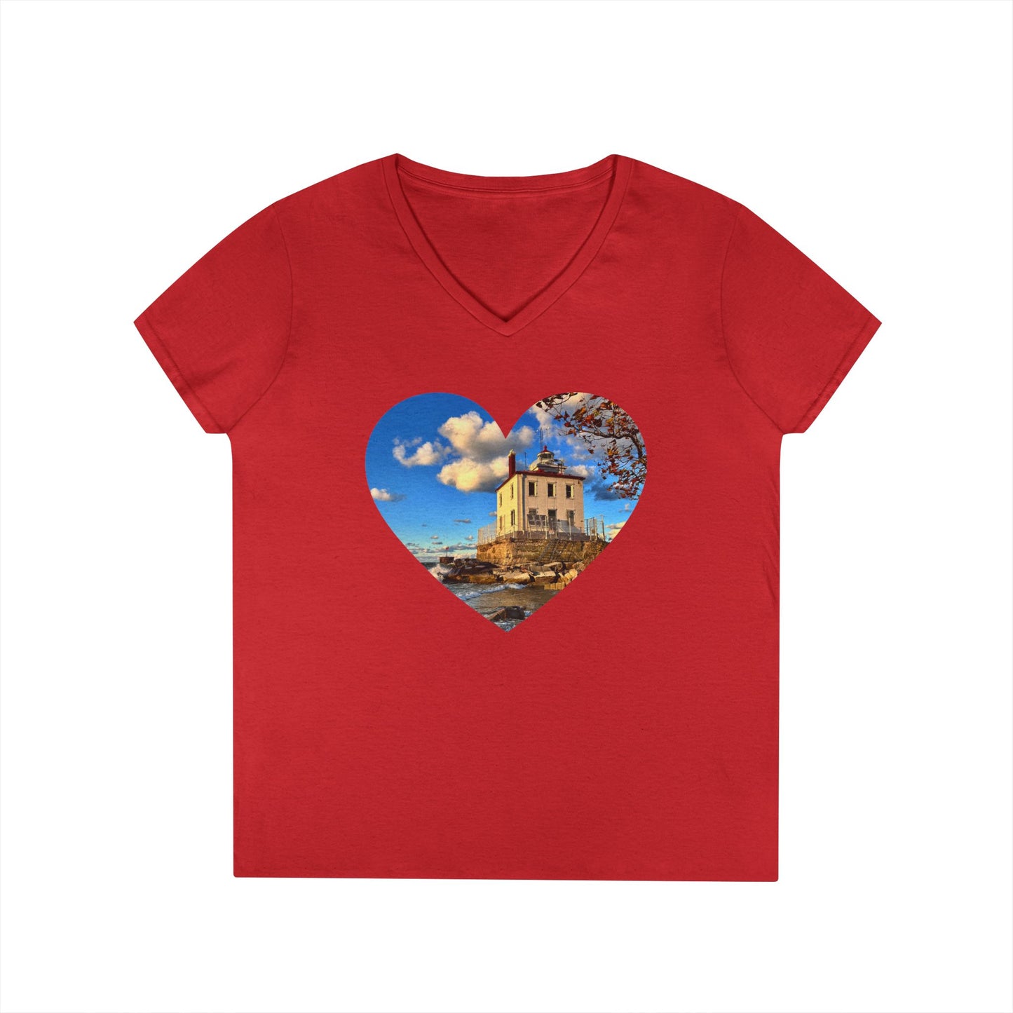 Ladies' Cotton V-Neck T-Shirt • "Fairport Harbor West Breakwater Light" Photo in Heart • 10 color fabric choices