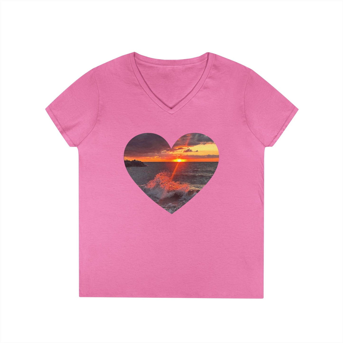 Ladies' Cotton V-Neck T-Shirt • "Fiery Splash at Avon Lake" Photo in Heart • 10 color fabric choices
