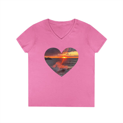 Ladies' Cotton V-Neck T-Shirt • "Fiery Splash at Avon Lake" Photo in Heart • 10 color fabric choices