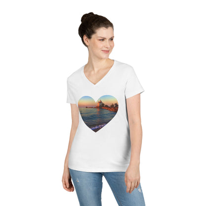 Ladies' Cotton V-Neck T-Shirt • "Lighthouse Glow" Photo in Heart • 10 color fabric choices