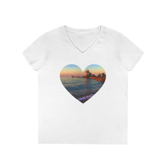 Ladies' Cotton V-Neck T-Shirt • "Lighthouse Glow" Photo in Heart • 10 color fabric choices