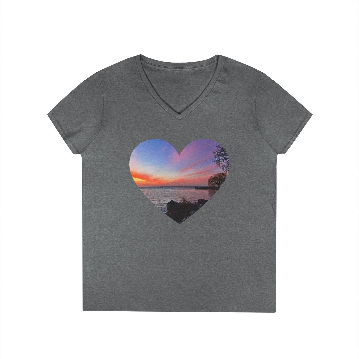 Ladies' Cotton V-Neck T-Shirt • "Sunset Orange" Photo in Heart • 10 color fabric choices