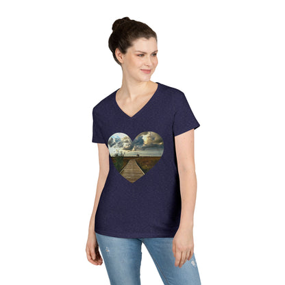 Ladies' Cotton V-Neck T-Shirt • "Boardwalk to Erie" Photo in Heart • 10 color fabric choices