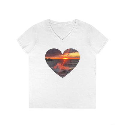 Ladies' Cotton V-Neck T-Shirt • "Fiery Splash at Avon Lake" Photo in Heart • 10 color fabric choices