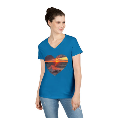 Ladies' Cotton V-Neck T-Shirt • "Fiery Splash at Avon Lake" Photo in Heart • 10 color fabric choices