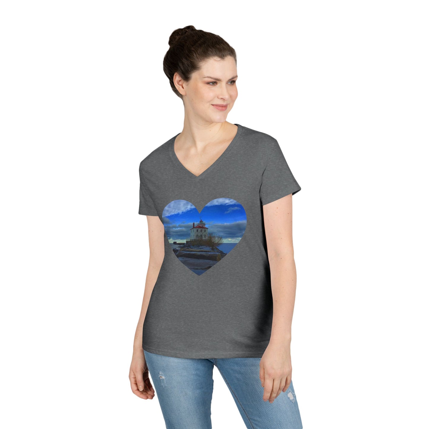 Ladies' Cotton V-Neck T-Shirt • "Breakwater Lighthouse" Photo in Heart • 10 color fabric choices
