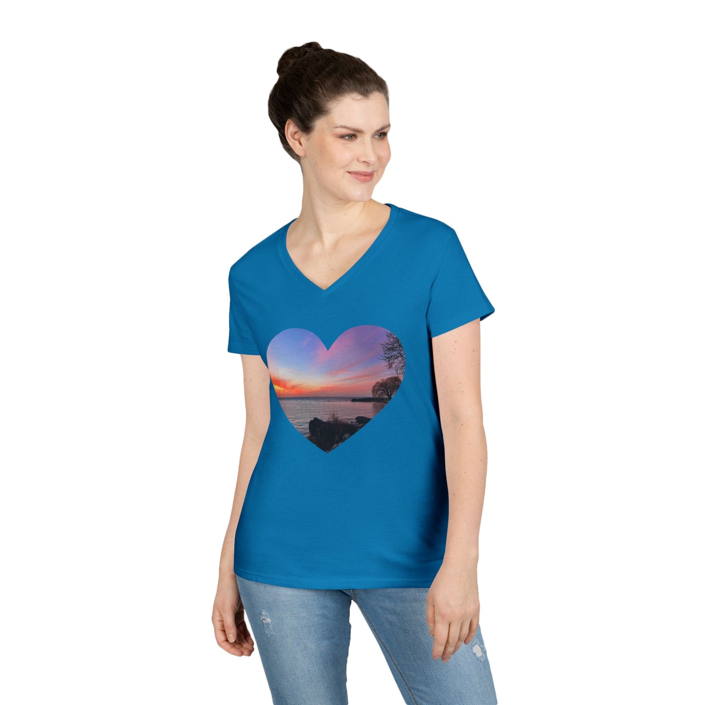 Ladies' Cotton V-Neck T-Shirt • "Sunset Orange" Photo in Heart • 10 color fabric choices