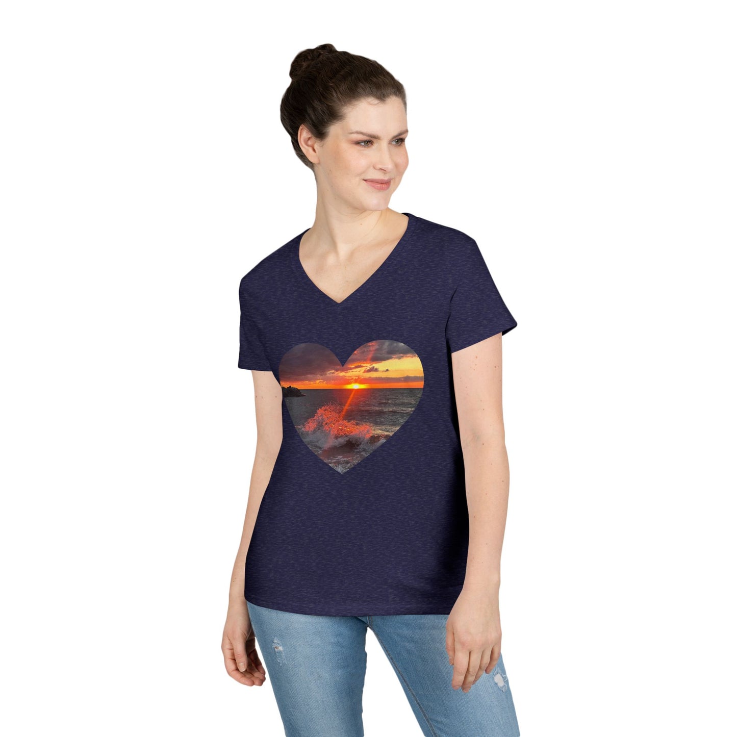 Ladies' Cotton V-Neck T-Shirt • "Fiery Splash at Avon Lake" Photo in Heart • 10 color fabric choices