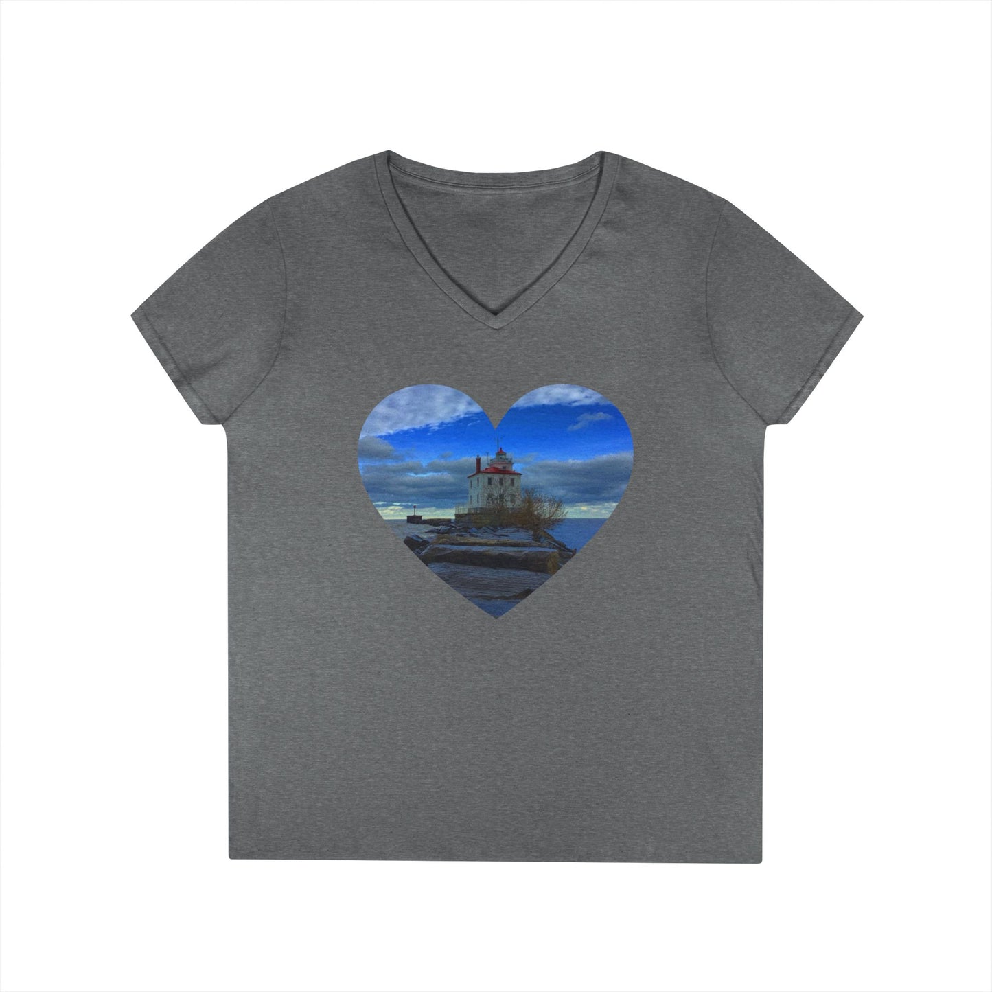 Ladies' Cotton V-Neck T-Shirt • "Breakwater Lighthouse" Photo in Heart • 10 color fabric choices