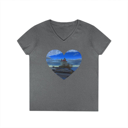 Ladies' Cotton V-Neck T-Shirt • "Breakwater Lighthouse" Photo in Heart • 10 color fabric choices