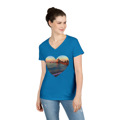 Ladies' Cotton V-Neck T-Shirt • "Lighthouse Glow" Photo in Heart • 10 color fabric choices