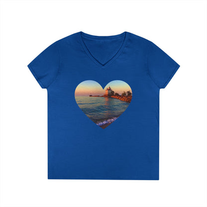 Ladies' Cotton V-Neck T-Shirt • "Lighthouse Glow" Photo in Heart • 10 color fabric choices