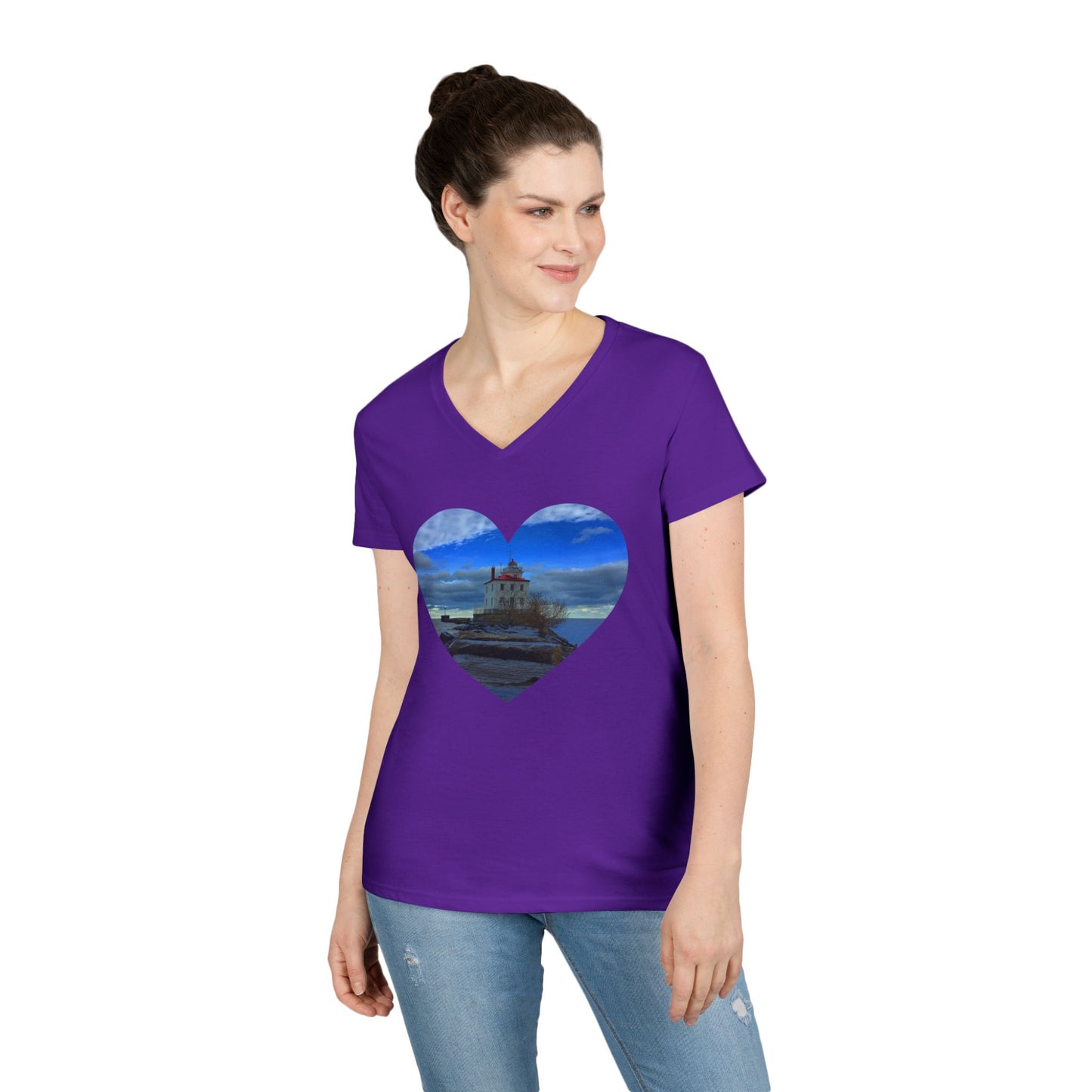 Ladies' Cotton V-Neck T-Shirt • "Breakwater Lighthouse" Photo in Heart • 10 color fabric choices