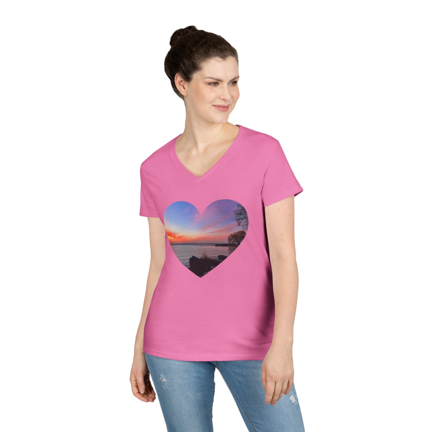Ladies' Cotton V-Neck T-Shirt • "Sunset Orange" Photo in Heart • 10 color fabric choices