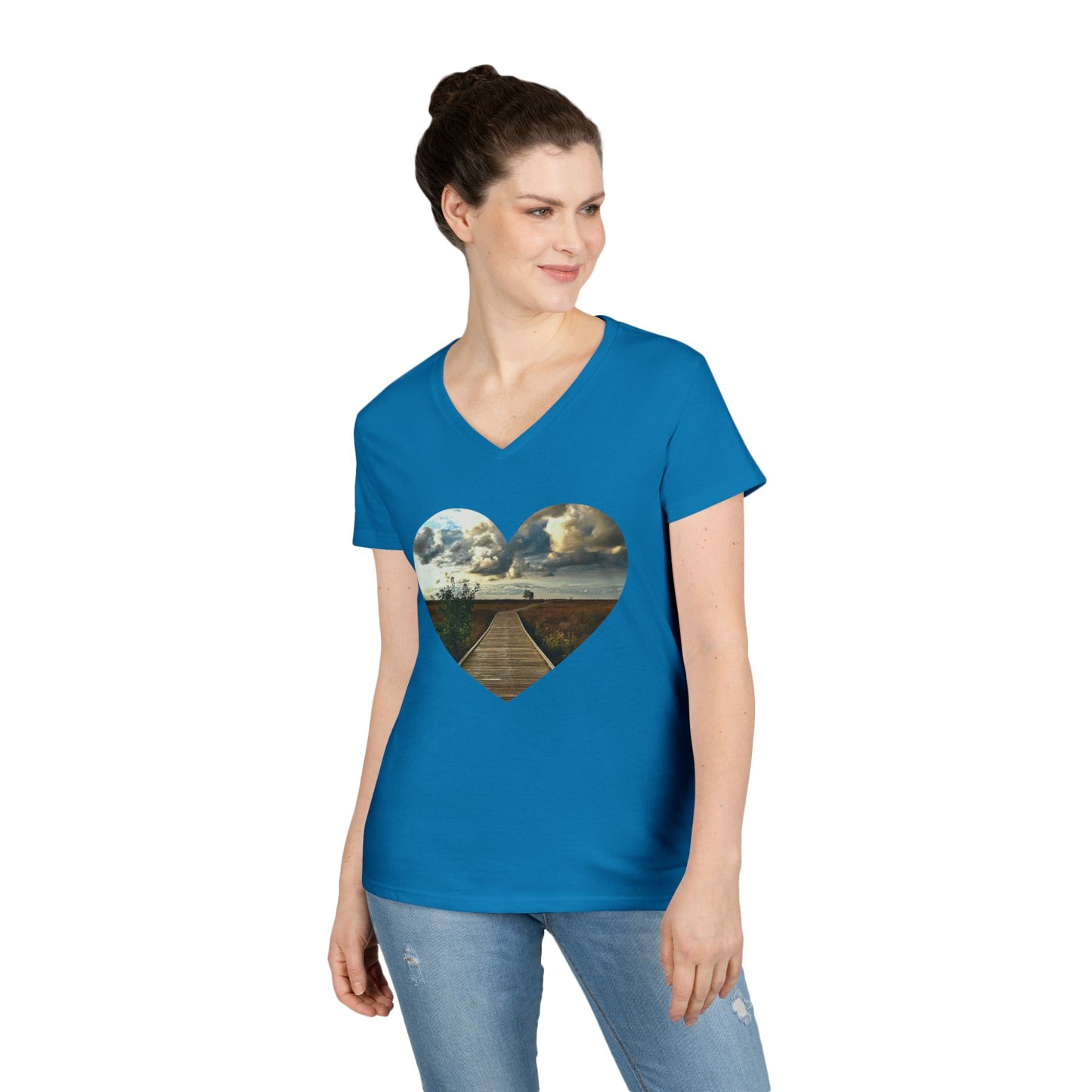 Ladies' Cotton V-Neck T-Shirt • "Boardwalk to Erie" Photo in Heart • 10 color fabric choices