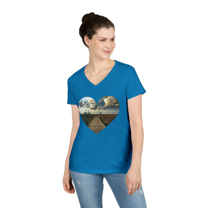 Ladies' Cotton V-Neck T-Shirt • "Boardwalk to Erie" Photo in Heart • 10 color fabric choices
