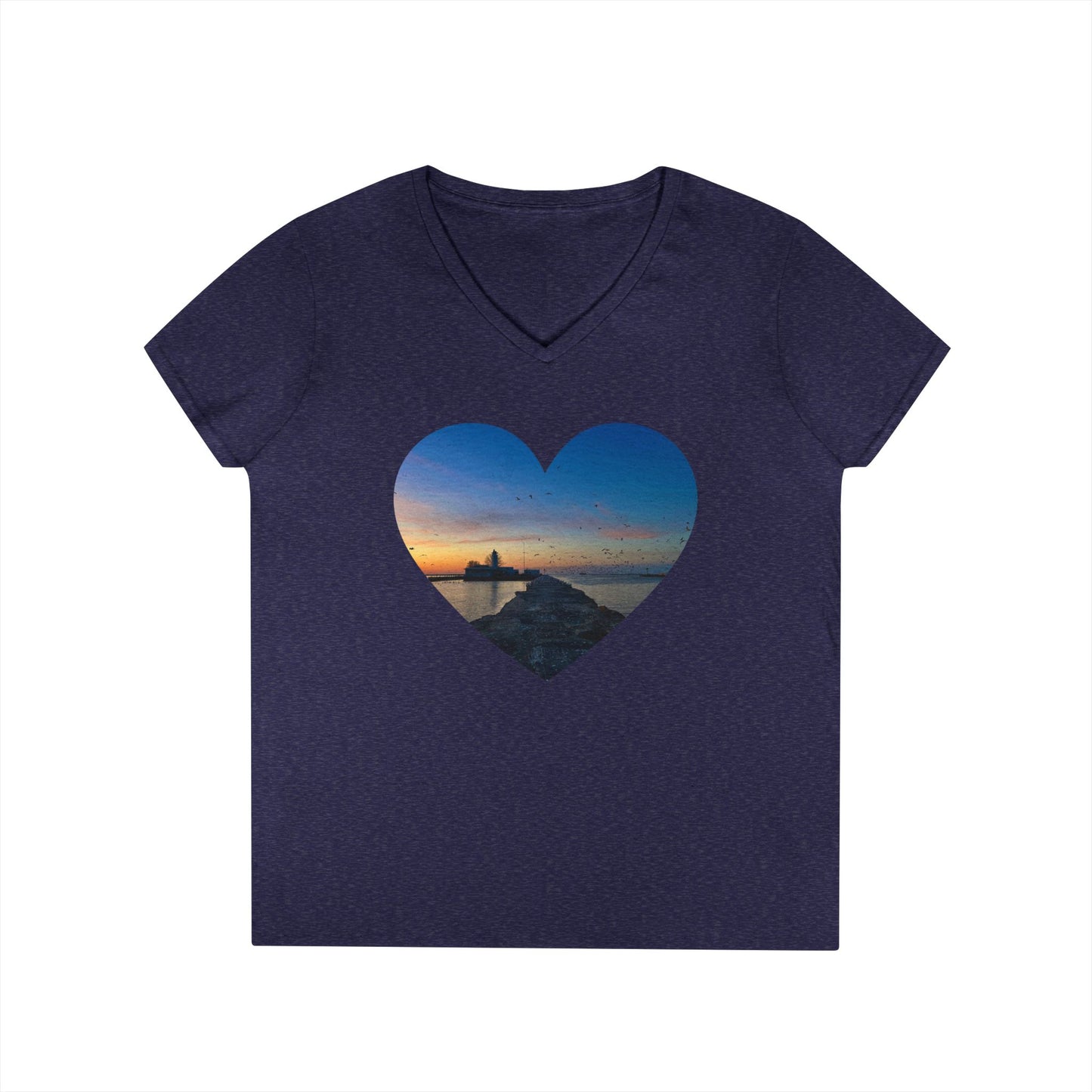 Ladies' Cotton V-Neck T-Shirt • "Breakwater Birds" Photo in Heart • 10 color fabric choices