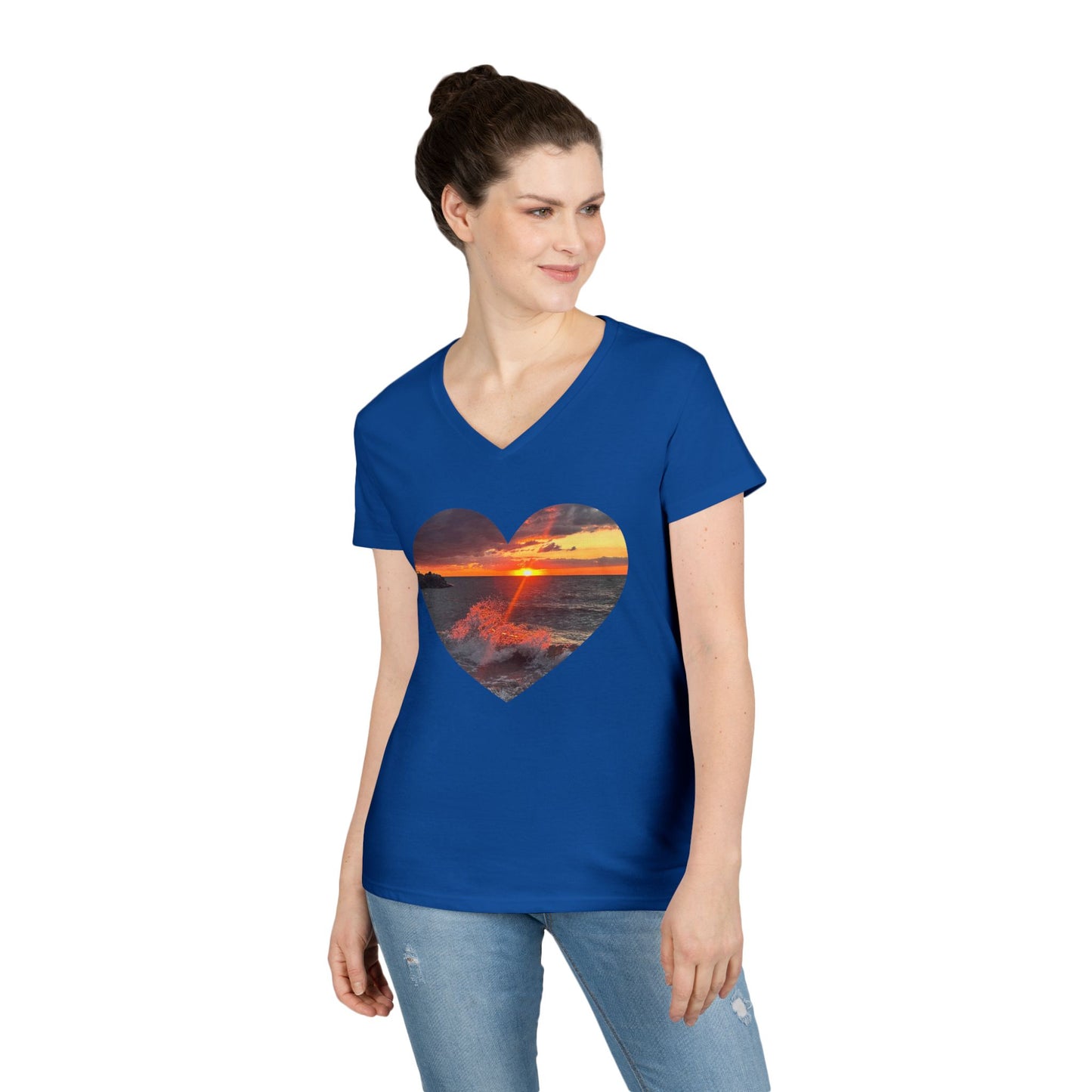 Ladies' Cotton V-Neck T-Shirt • "Fiery Splash at Avon Lake" Photo in Heart • 10 color fabric choices