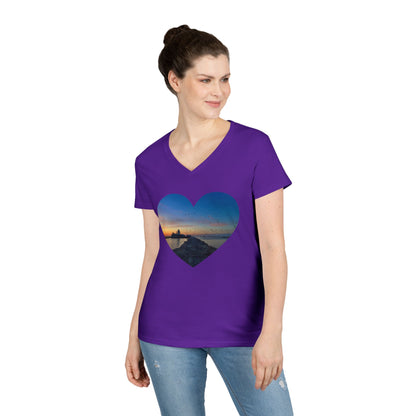 Ladies' Cotton V-Neck T-Shirt • "Breakwater Birds" Photo in Heart • 10 color fabric choices
