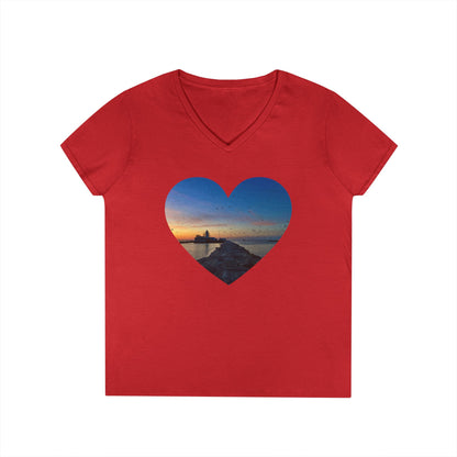 Ladies' Cotton V-Neck T-Shirt • "Breakwater Birds" Photo in Heart • 10 color fabric choices